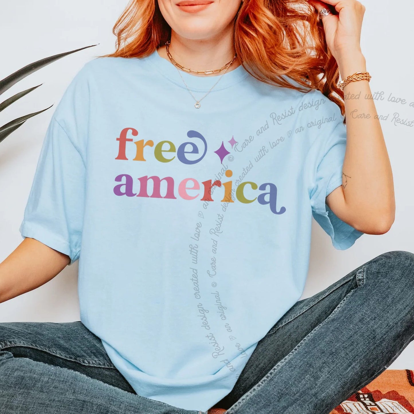Free America Care & Resist rainbow Comfort Colors tee, Chambray