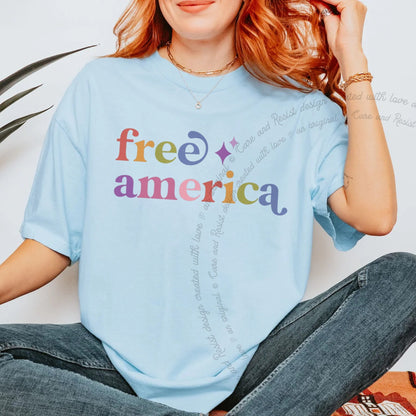 Free America Care & Resist rainbow Comfort Colors tee, Chambray