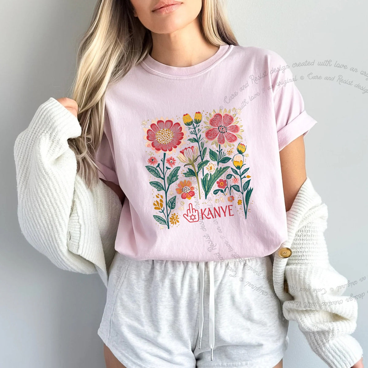 Middle Finger Kanye Care & Resist progressive t-shirt in Blossom