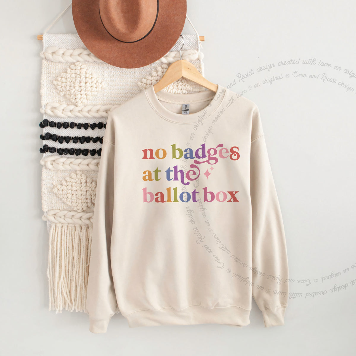 No Badges At the Ballot Box Care & Resist Gildan crewneck sweatshirt in Sand