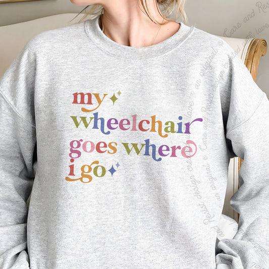 My Wheelchair Goes Where I Go Care & Resist Gildan crewneck sweatshirt in Sport Grey