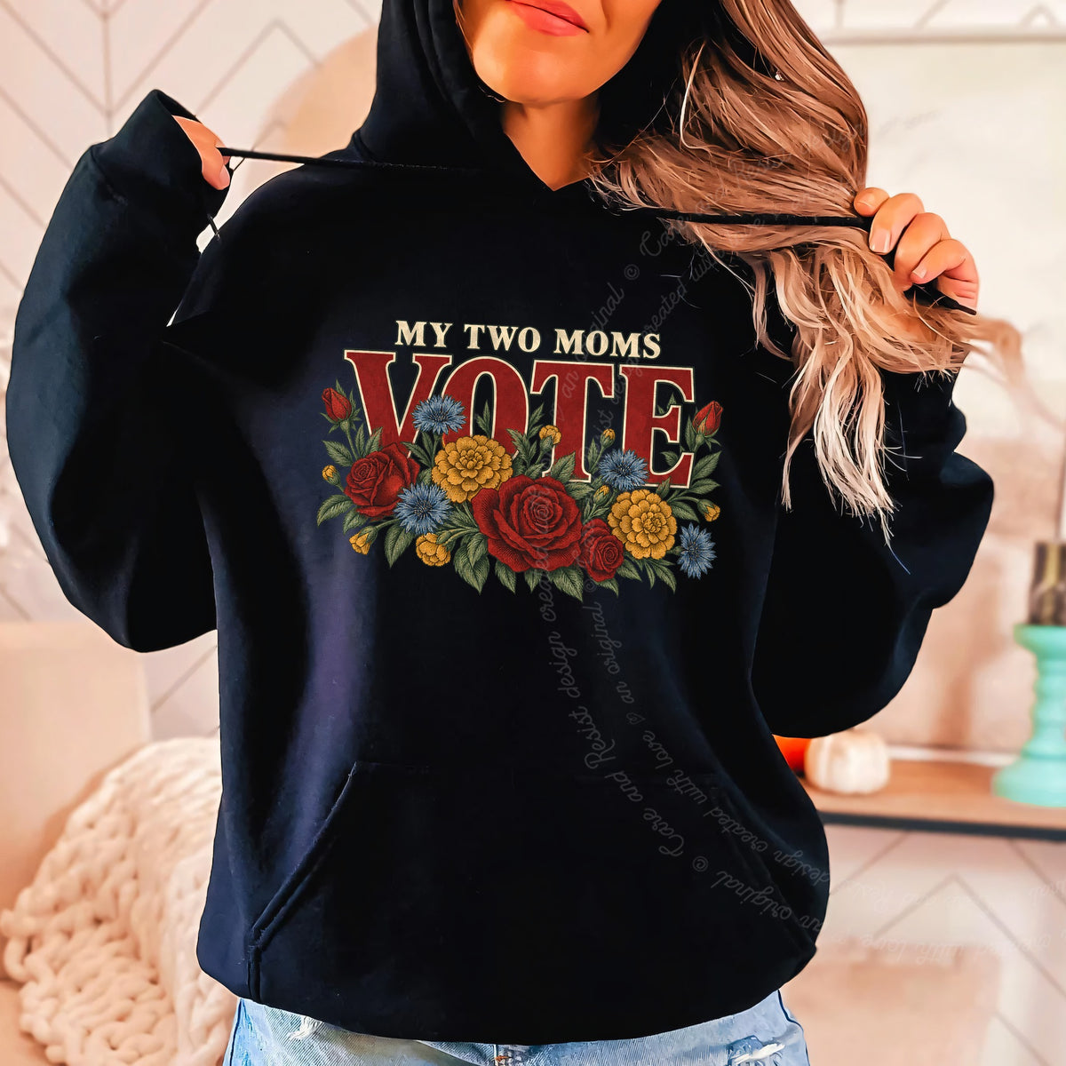 My Two Moms Vote Bouquet Care & Resist Gildan hoodie in Black