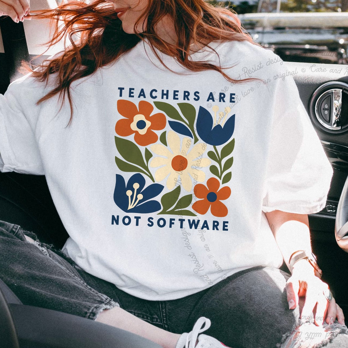 Teachers are not Software Cutout Care & Resist progressive t-shirt in White