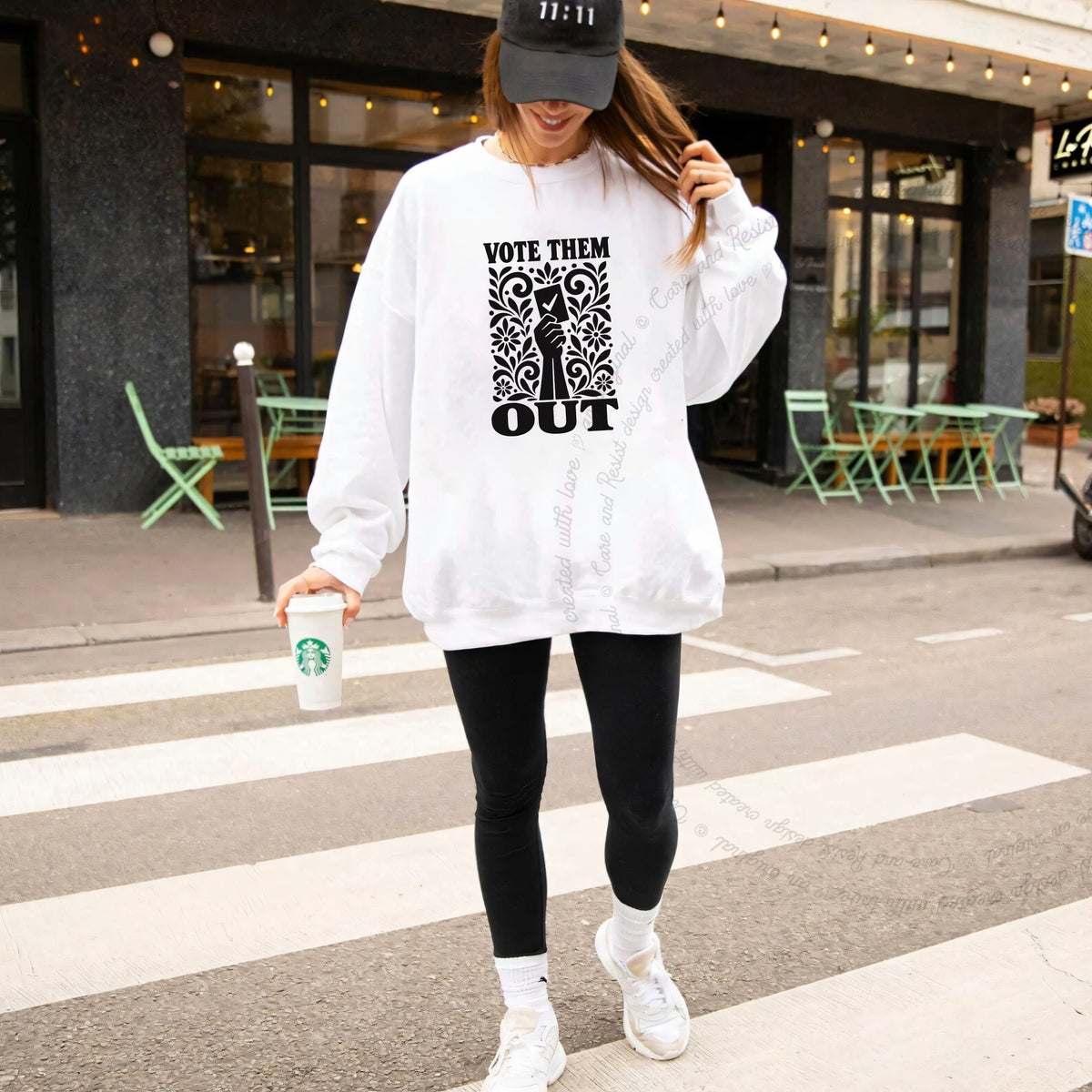 Vote Them Out Ballot Stencil Care & Resist Gildan crewneck sweatshirt in White