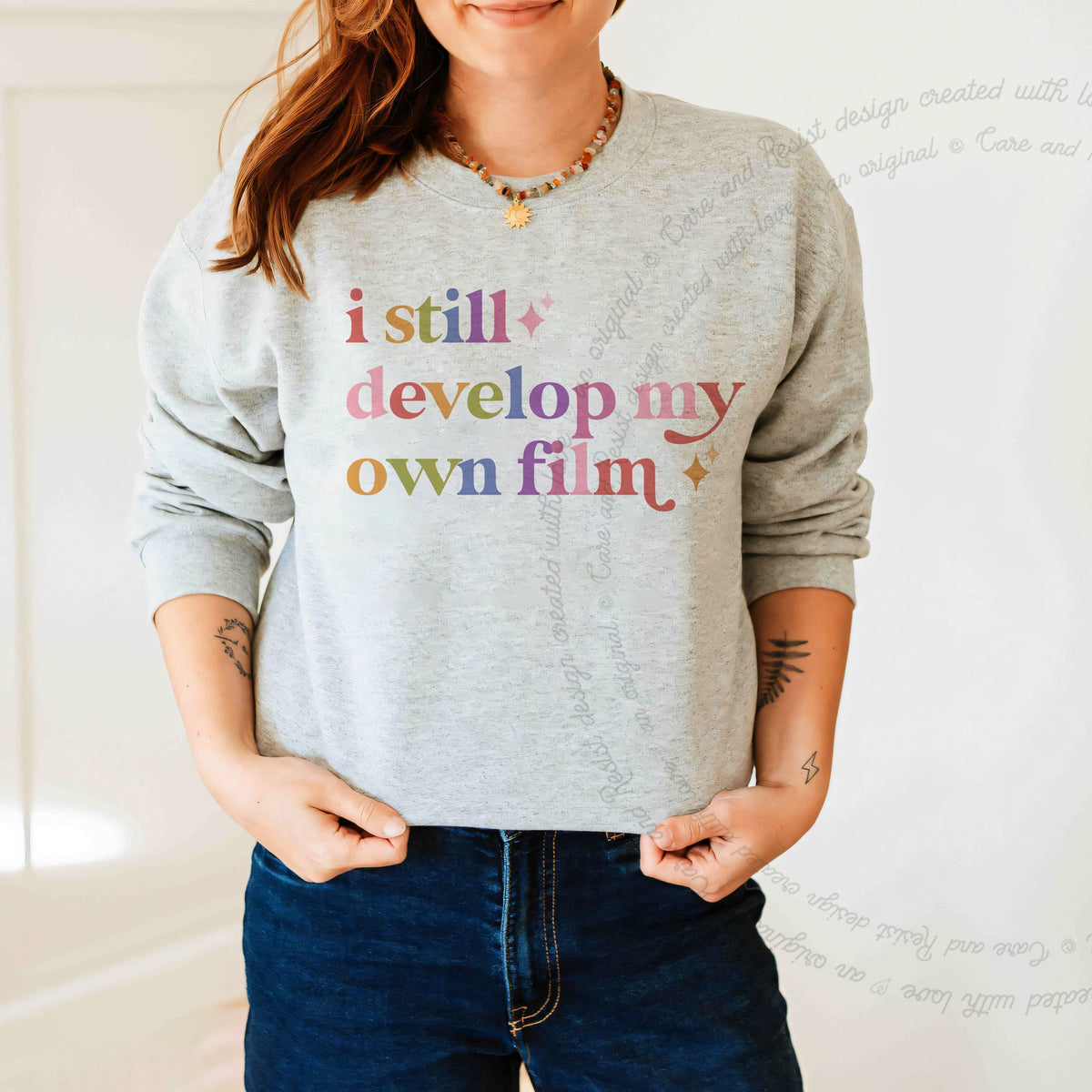 I Still Develop My Own Film Care & Resist Gildan crewneck sweatshirt in Sport Grey
