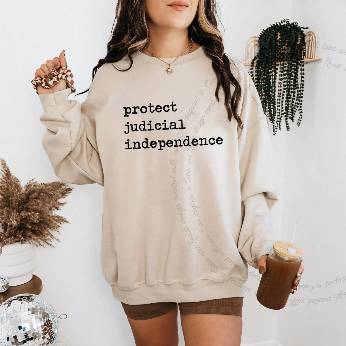 Protect Judicial Independence Care & Resist Gildan crewneck sweatshirt in Sand