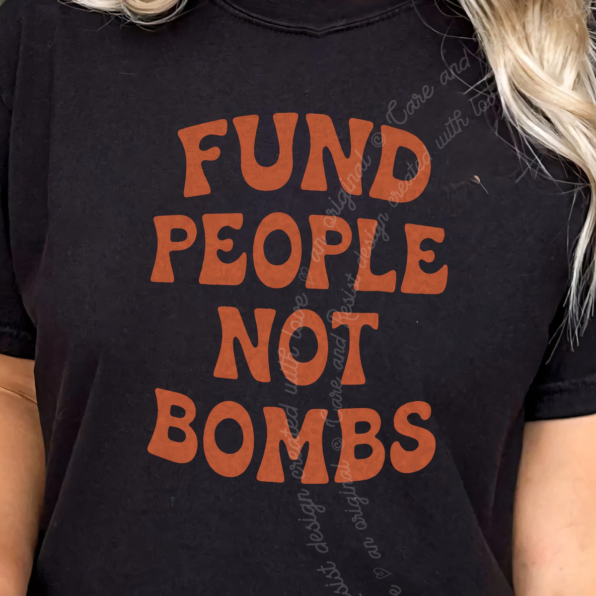 Fund People not Bombs Stacked Care & Resist progressive t-shirt in Black