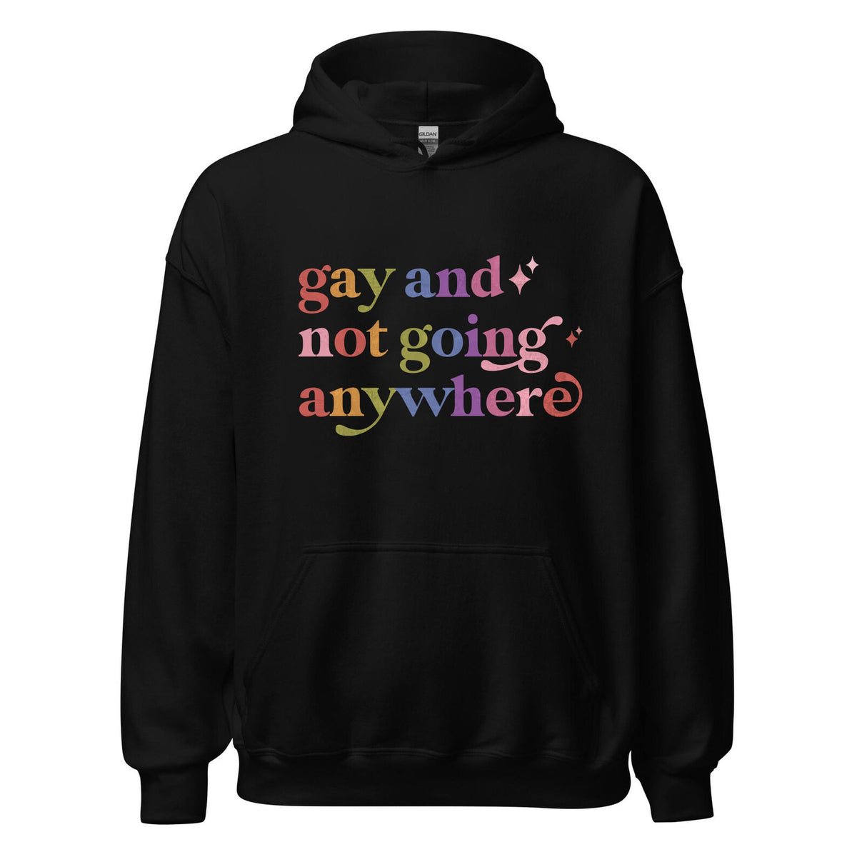 Gay and not Going Anywhere Care & Resist Gildan hoodie in Black