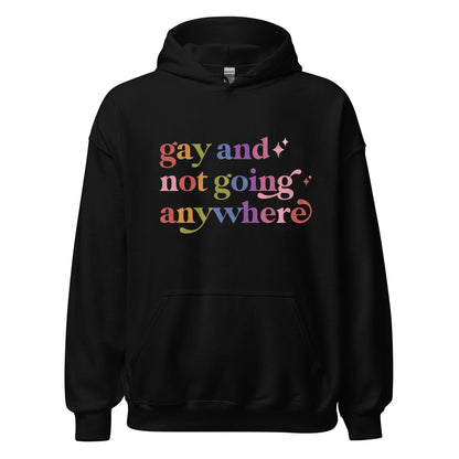 Gay and not Going Anywhere Care & Resist Gildan hoodie in Black