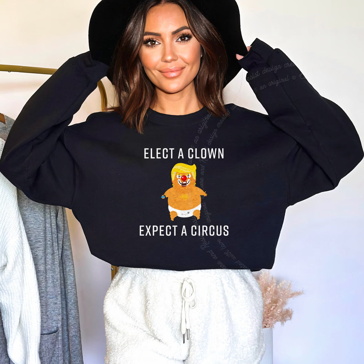 Elect a Clown Expect a Circus Trump Care & Resist Gildan crewneck sweatshirt in Black