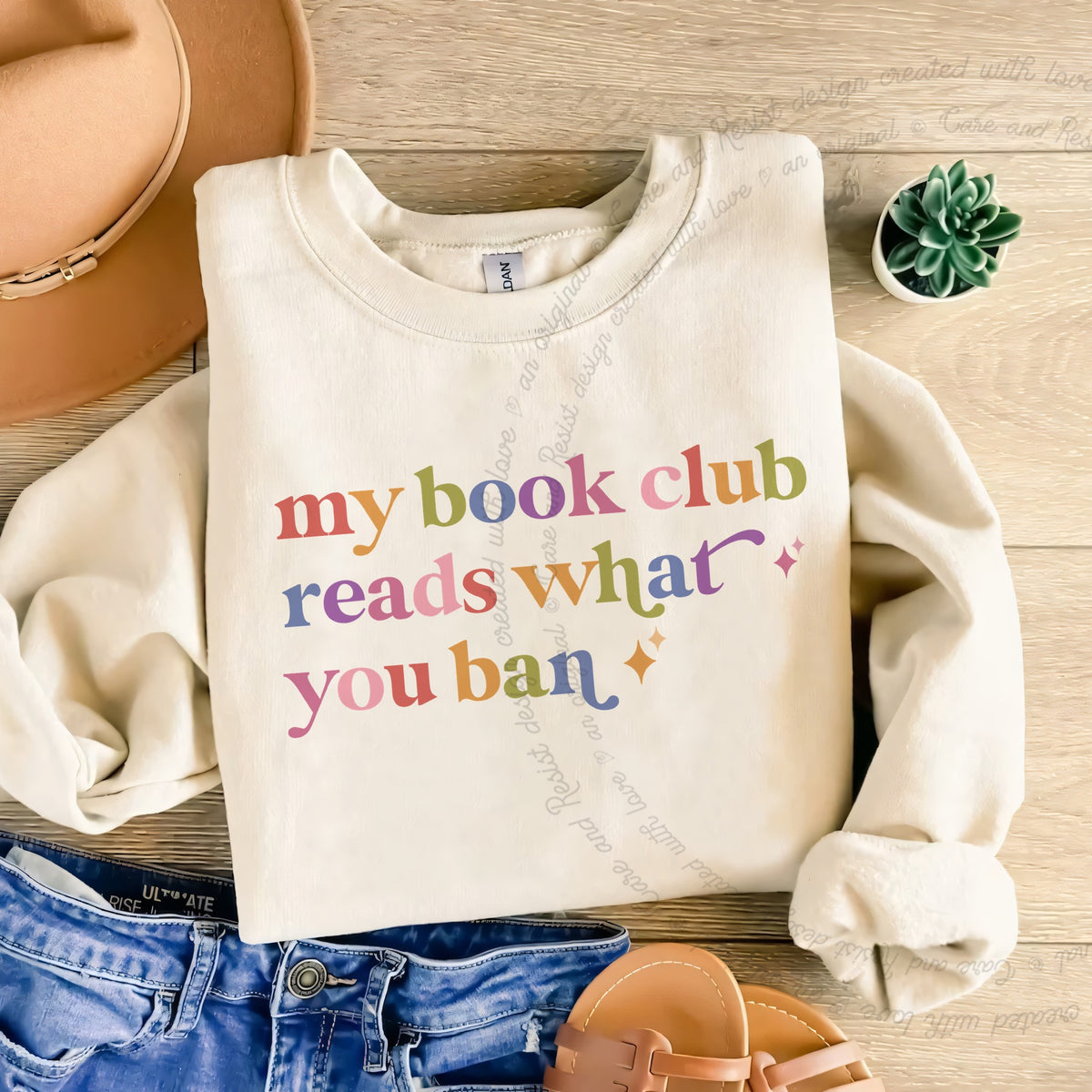My Book Club Reads What You Ban Care & Resist Gildan crewneck sweatshirt in Sand
