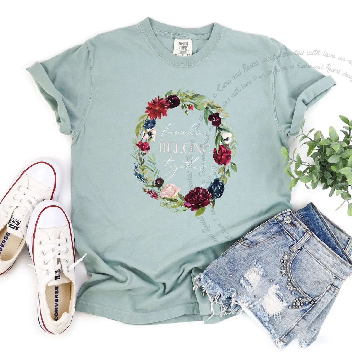 Families Belong Together Wreath Care & Resist progressive t-shirt in Bay