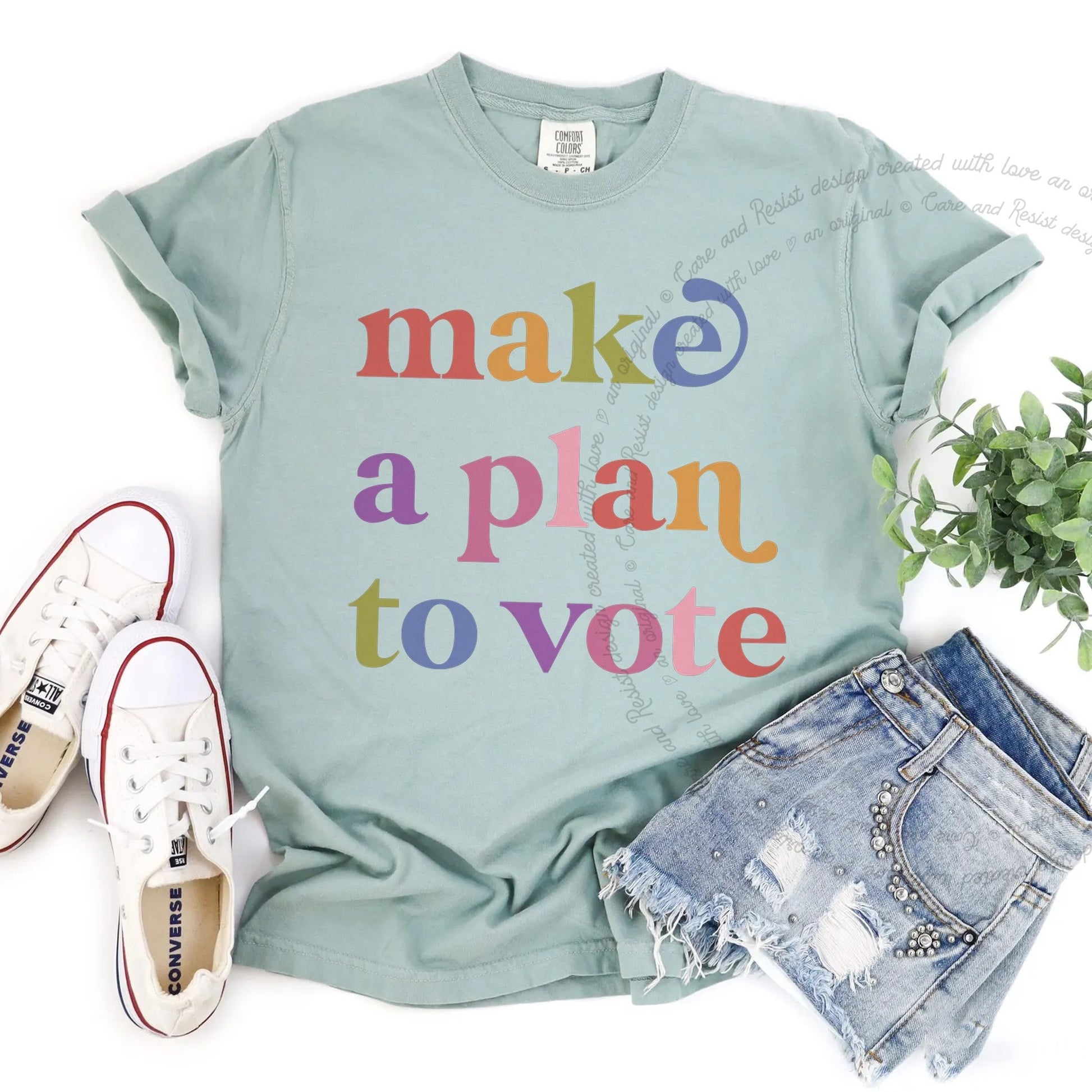 Make a Plan to Vote Care & Resist rainbow Comfort Colors tee, Bay