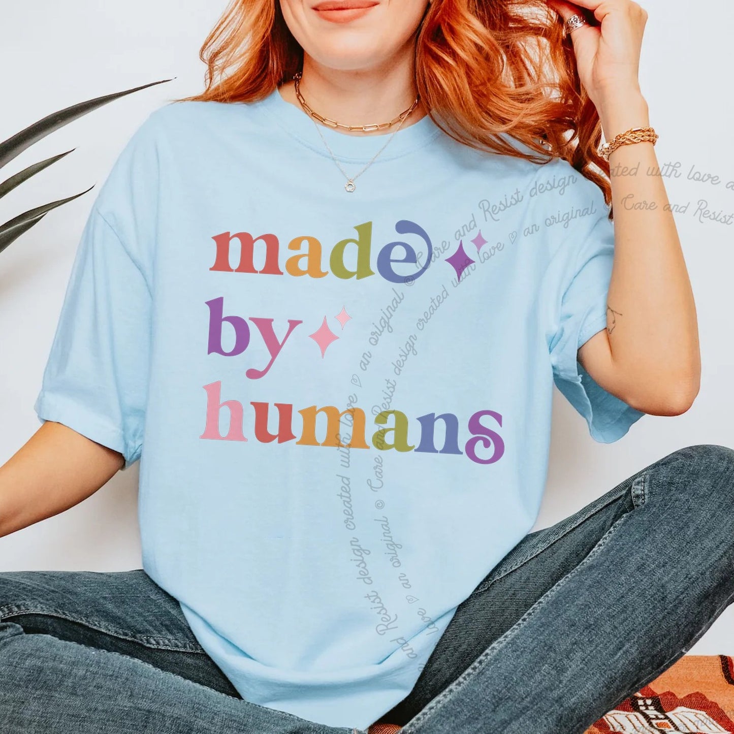 Made By Humans Care & Resist rainbow Comfort Colors tee, Chambray
