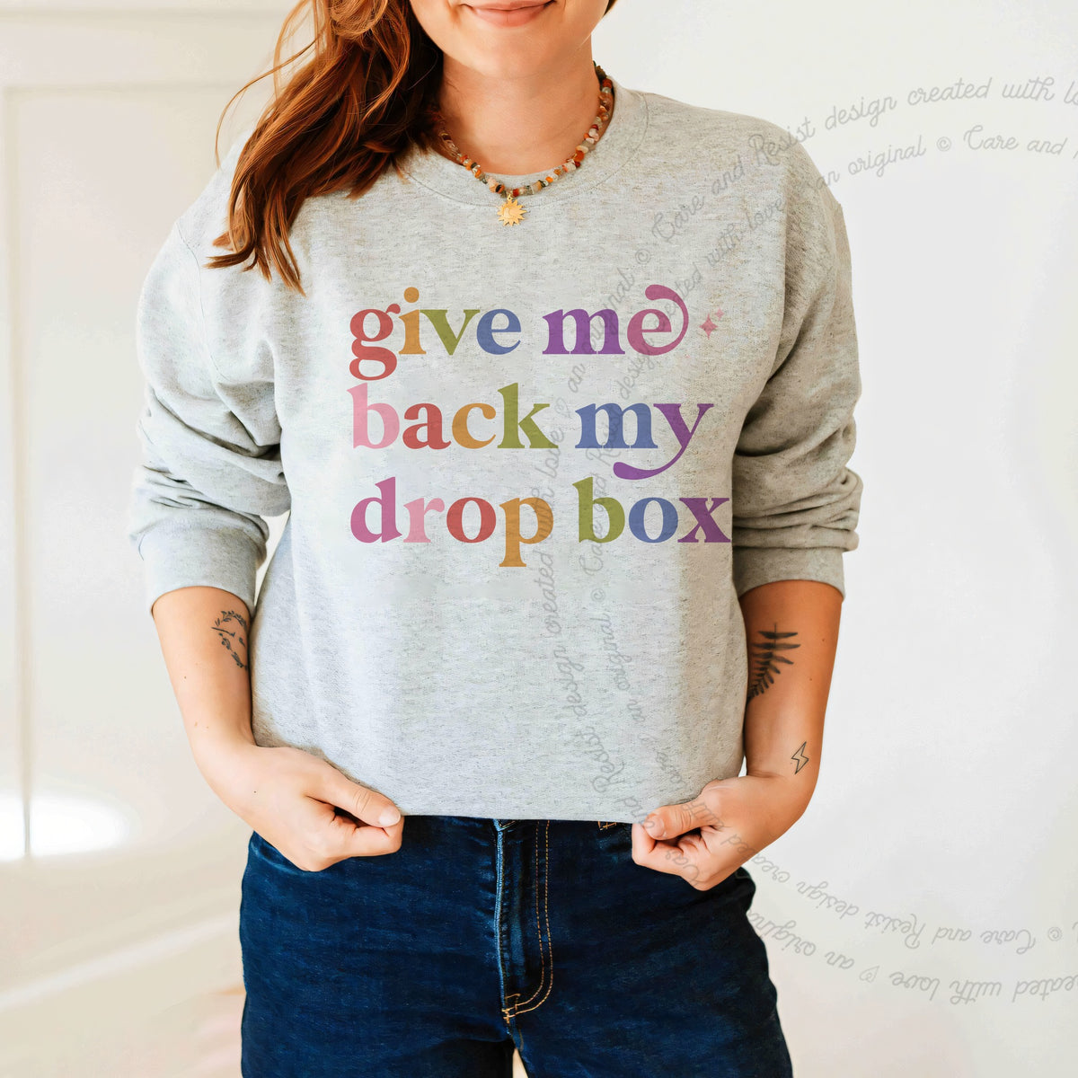 Give Me Back My Drop Box Care & Resist Gildan crewneck sweatshirt in Sport Grey