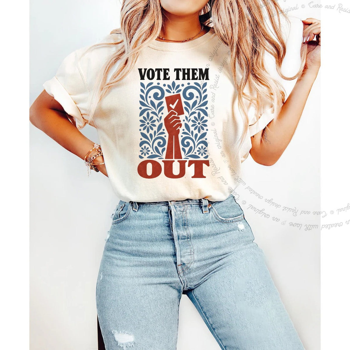 Vote Them Out Folk Ballot Care & Resist progressive t-shirt in Ivory