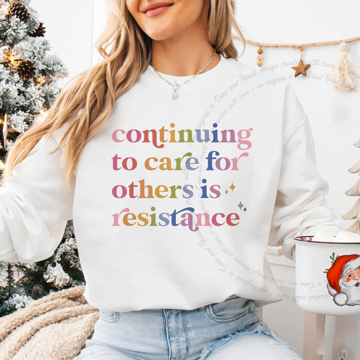 Continuing to Care for Others Is Resistance Care & Resist Gildan crewneck sweatshirt in White