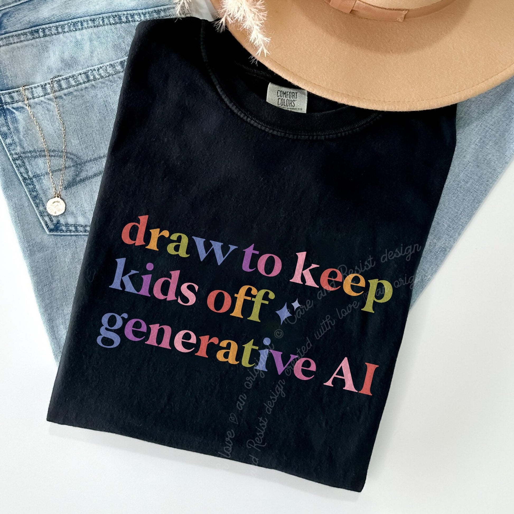 Draw to Keep Kids Off Generative Ai Care & Resist rainbow Comfort Colors tee, Black
