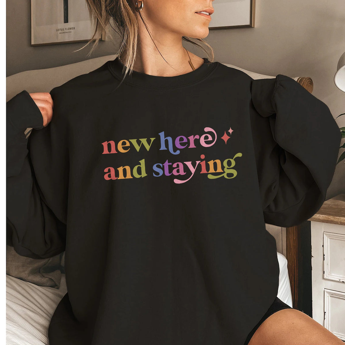 New Here and Staying Care & Resist Gildan crewneck sweatshirt in Black