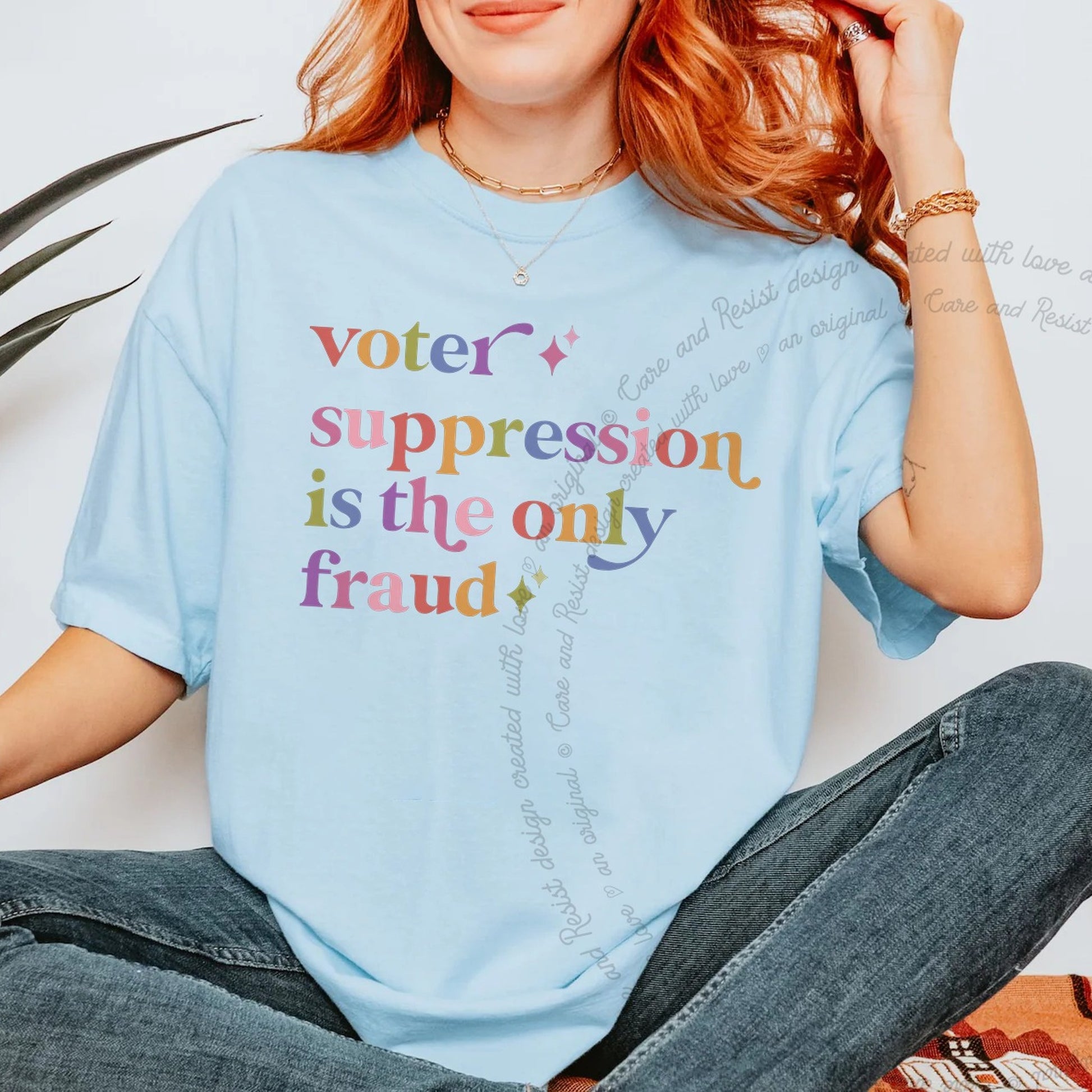 Voter Suppression is the Only Fraud Care & Resist rainbow Comfort Colors tee, Chambray