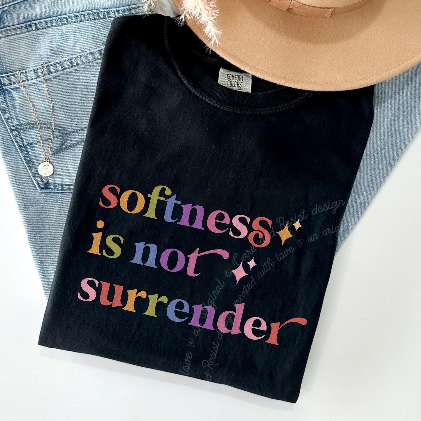 Softness is not Surrender Care & Resist rainbow Comfort Colors tee, Black