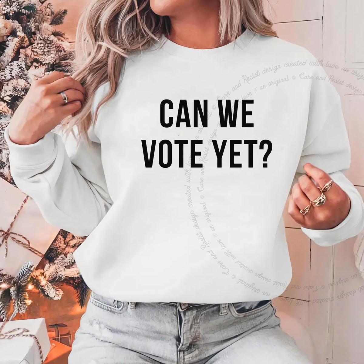 Can We Vote Yet Care & Resist Gildan crewneck sweatshirt in White