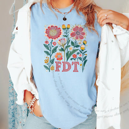 FDT Floral Care & Resist progressive t-shirt in Chambray
