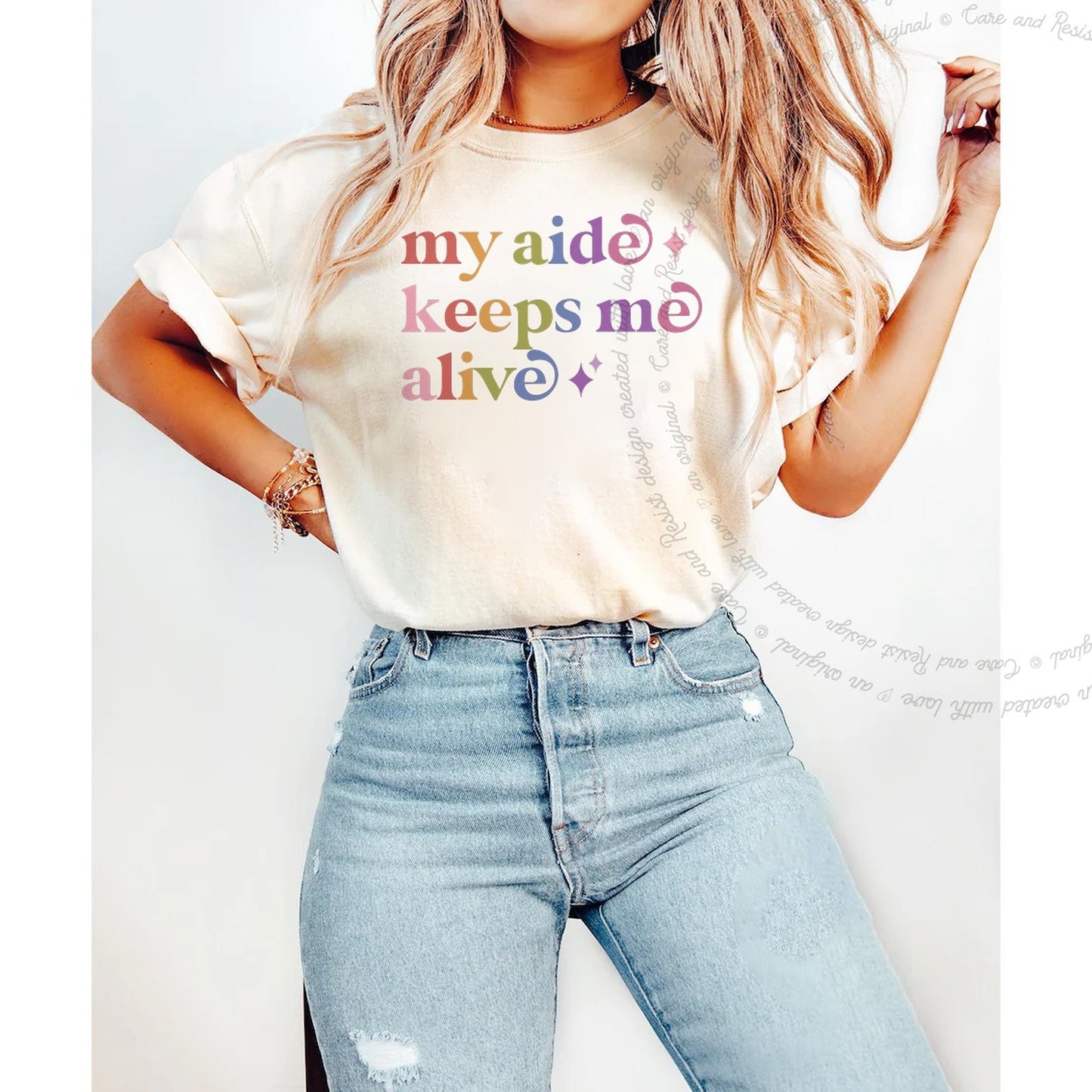 My Aide Keeps Me Alive Care & Resist rainbow Comfort Colors tee, Ivory