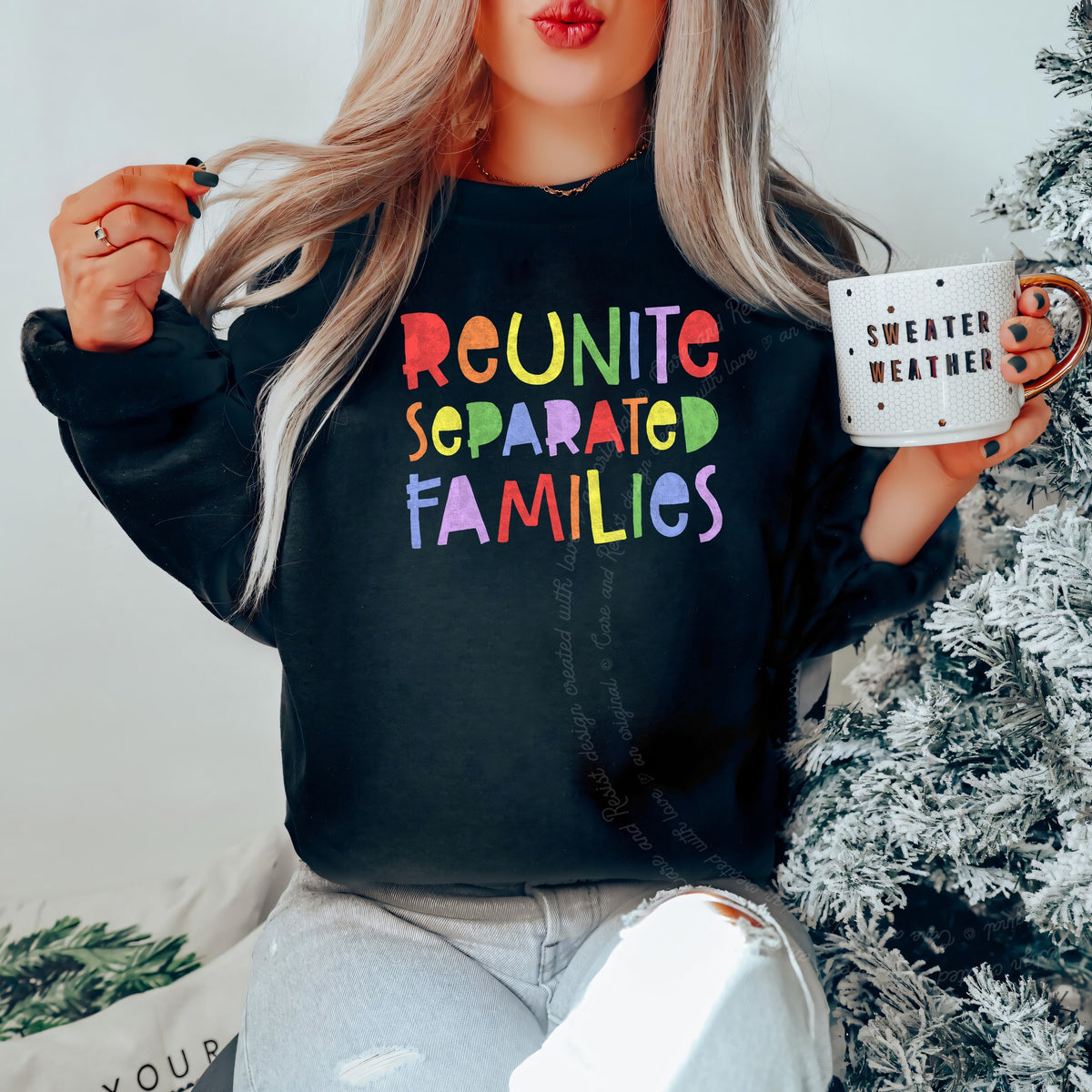 Reunite Separated Families Care & Resist Gildan crewneck sweatshirt in Black