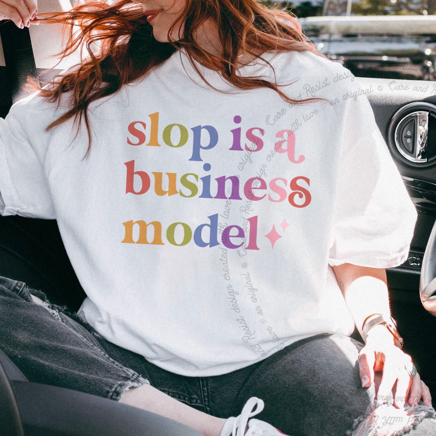 Slop is a Business Model Care & Resist rainbow Comfort Colors tee, White