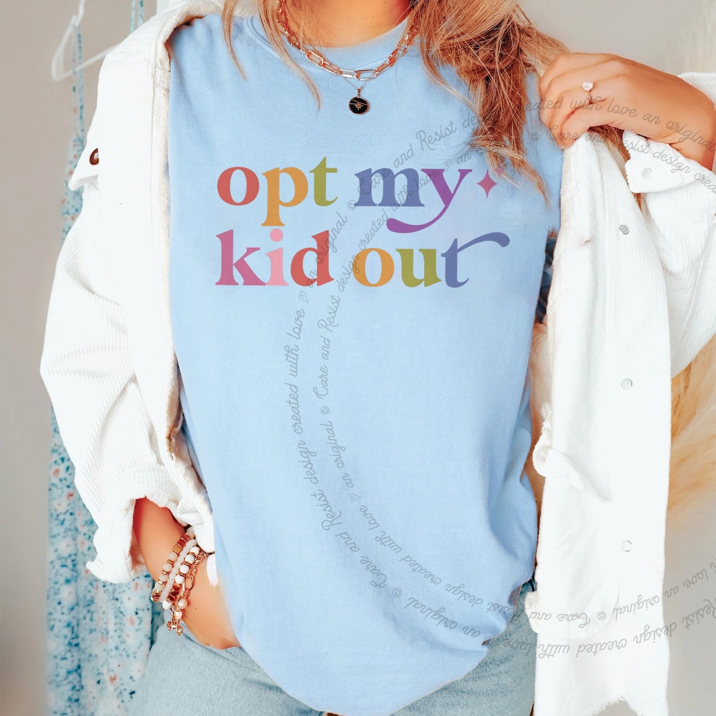 Opt My Kid Out Care & Resist rainbow Comfort Colors tee, Chambray