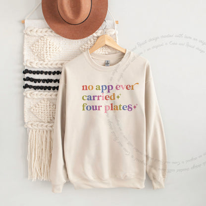No App Ever Carried Four Plates Care & Resist Gildan crewneck sweatshirt in Sand