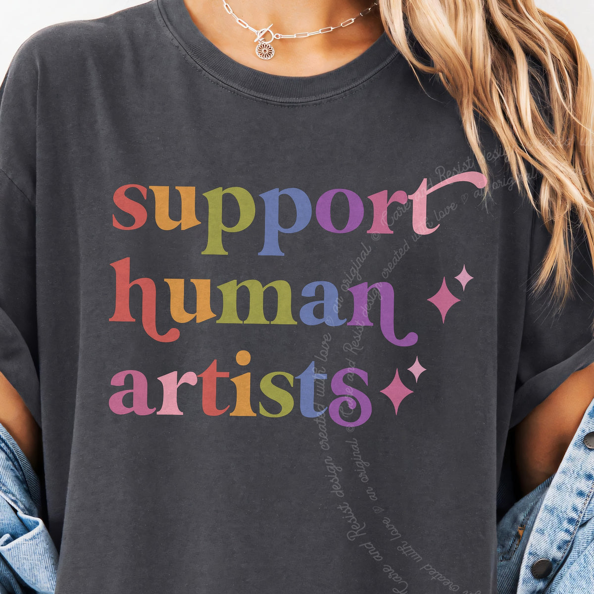 Support Human Artists Care & Resist progressive t-shirt in Graphite
