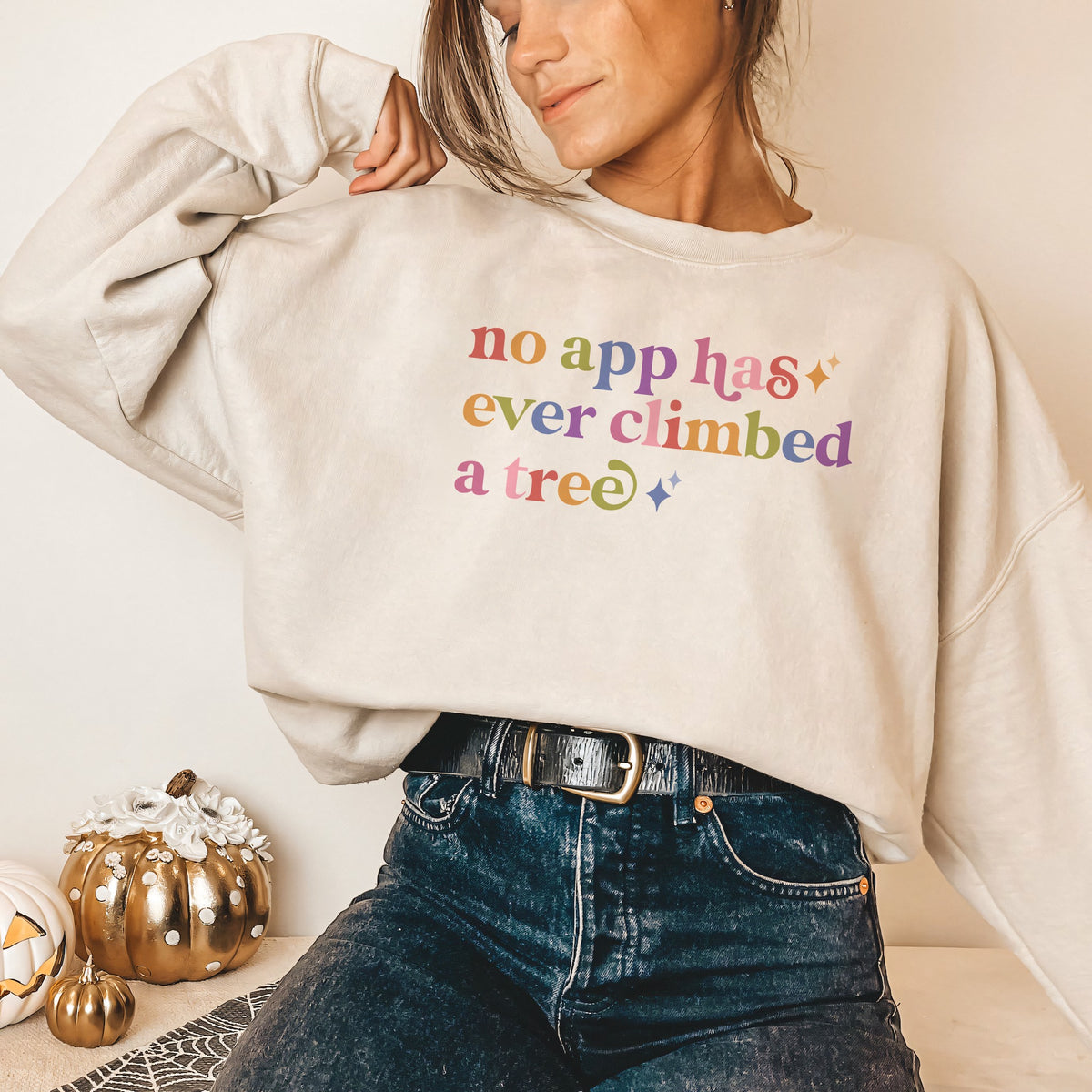 No App Has Ever Climbed a Tree Care & Resist Gildan crewneck sweatshirt in Sand