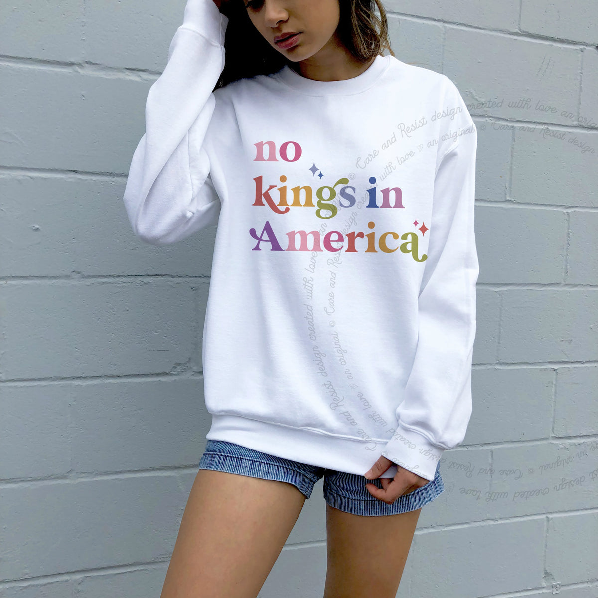 No Kings in America Care & Resist Gildan crewneck sweatshirt in White