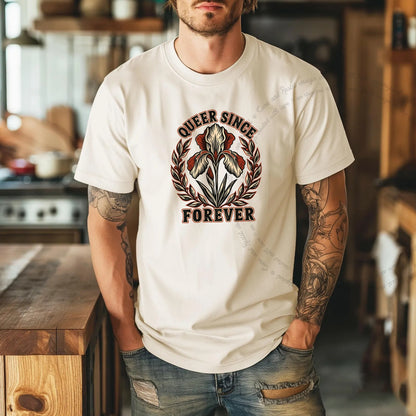 Queer Since Forever Iris Linocut Care & Resist progressive t-shirt in Ivory