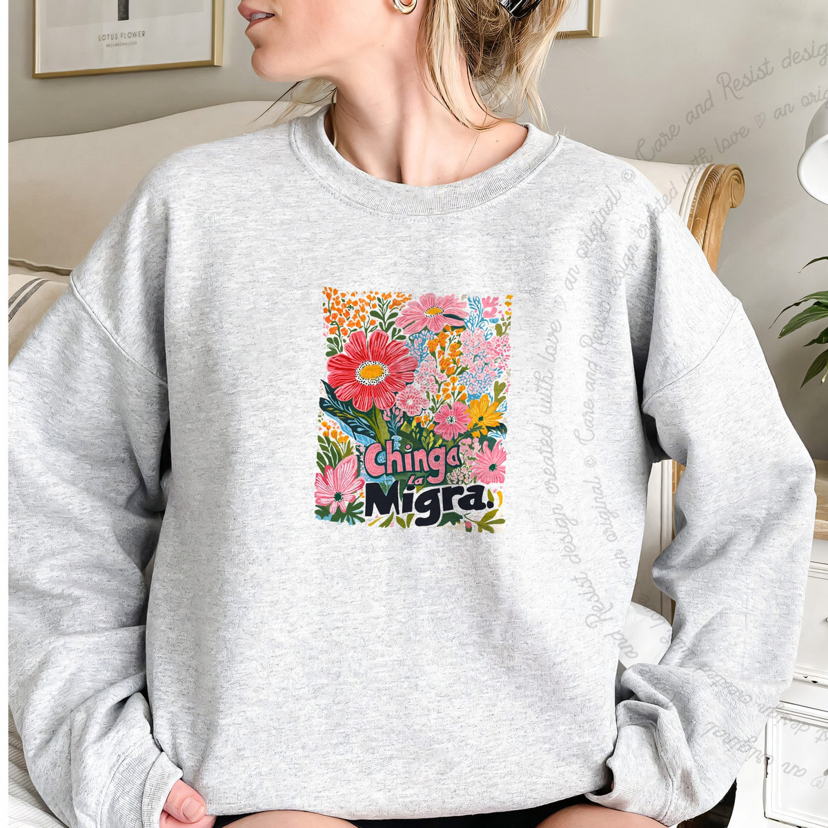 Chinga La Migra Care & Resist Gildan crewneck sweatshirt in Sport Grey