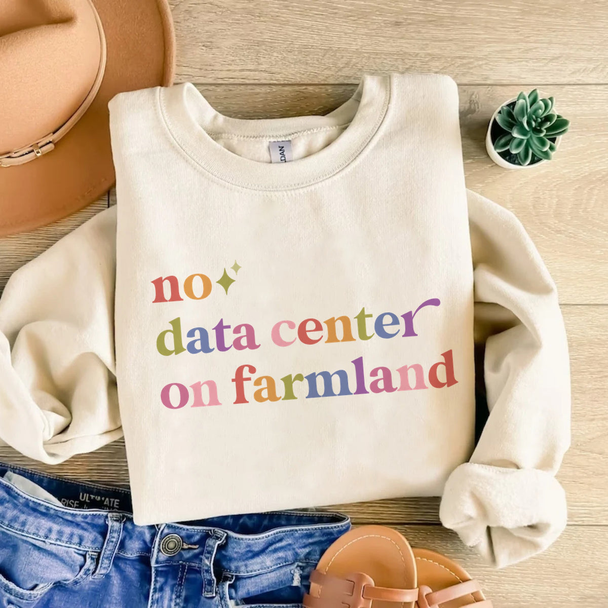 No Data Center on Farmland Care & Resist Gildan crewneck sweatshirt in Sand