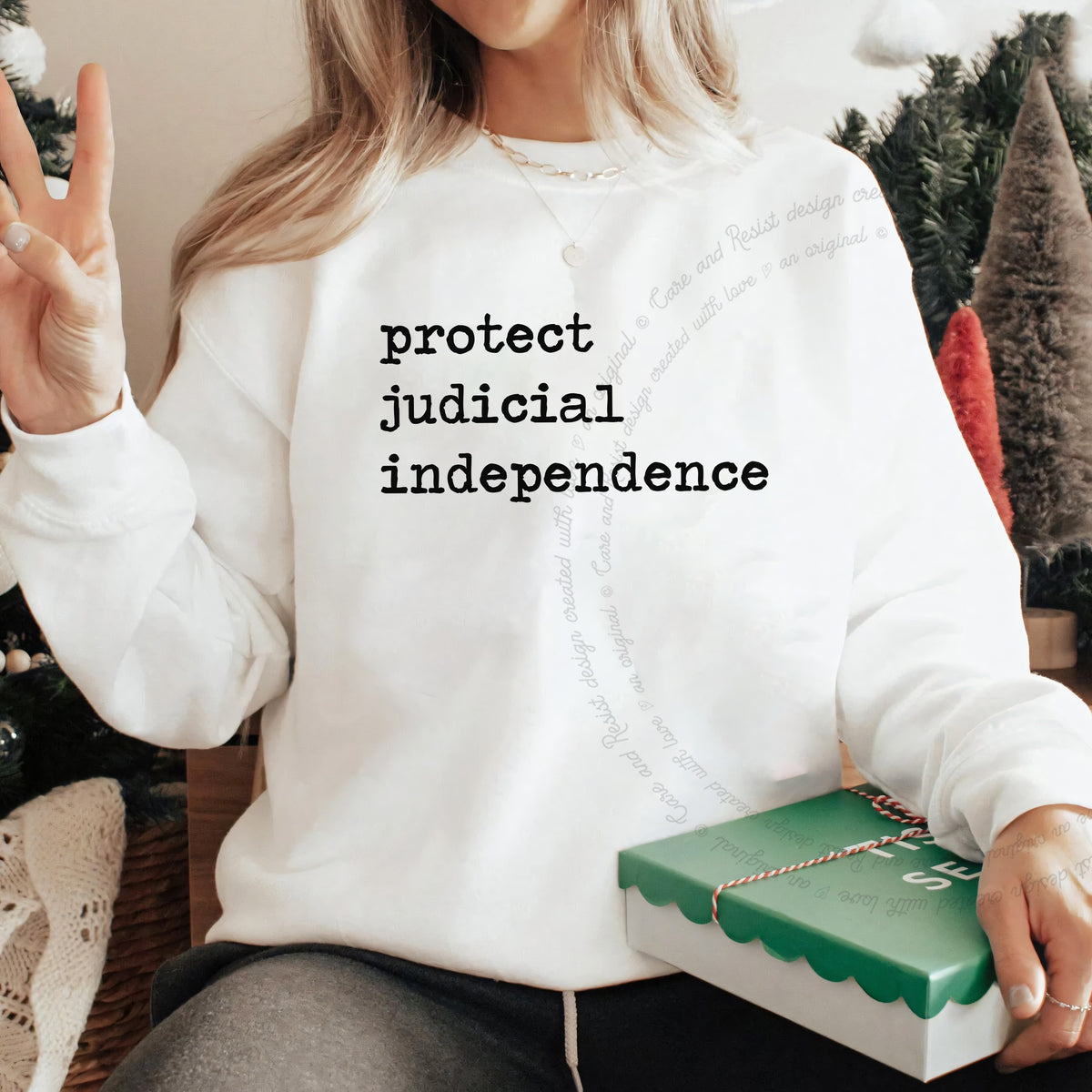 Protect Judicial Independence Care & Resist Gildan crewneck sweatshirt in White