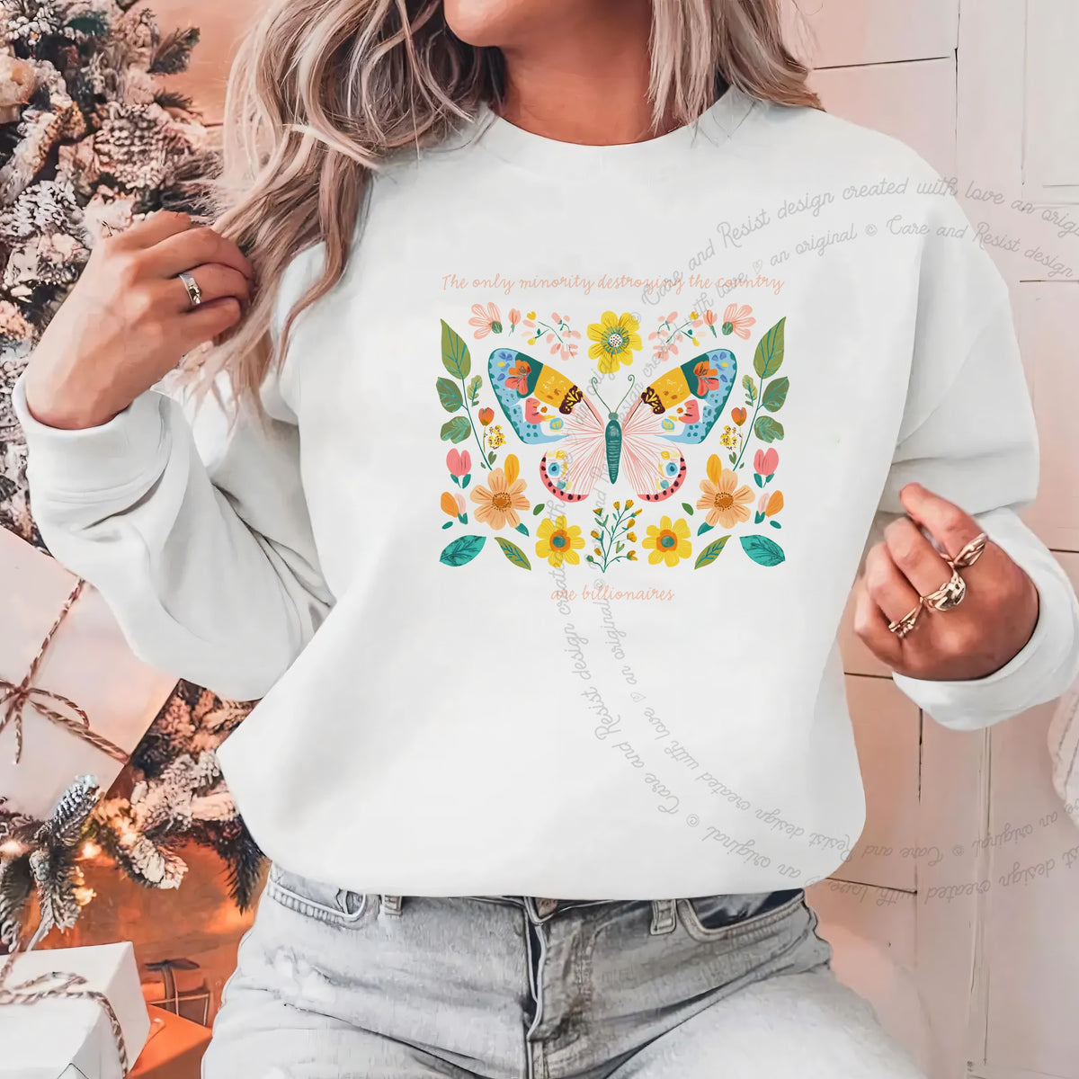The Only Minority Destroying This Country Are Billionaires Care & Resist Gildan crewneck sweatshirt in White