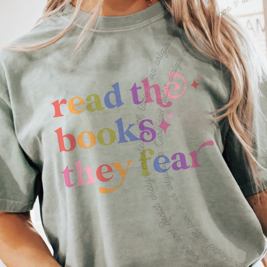 Read the Books They Fear Care & Resist progressive t-shirt in Bay