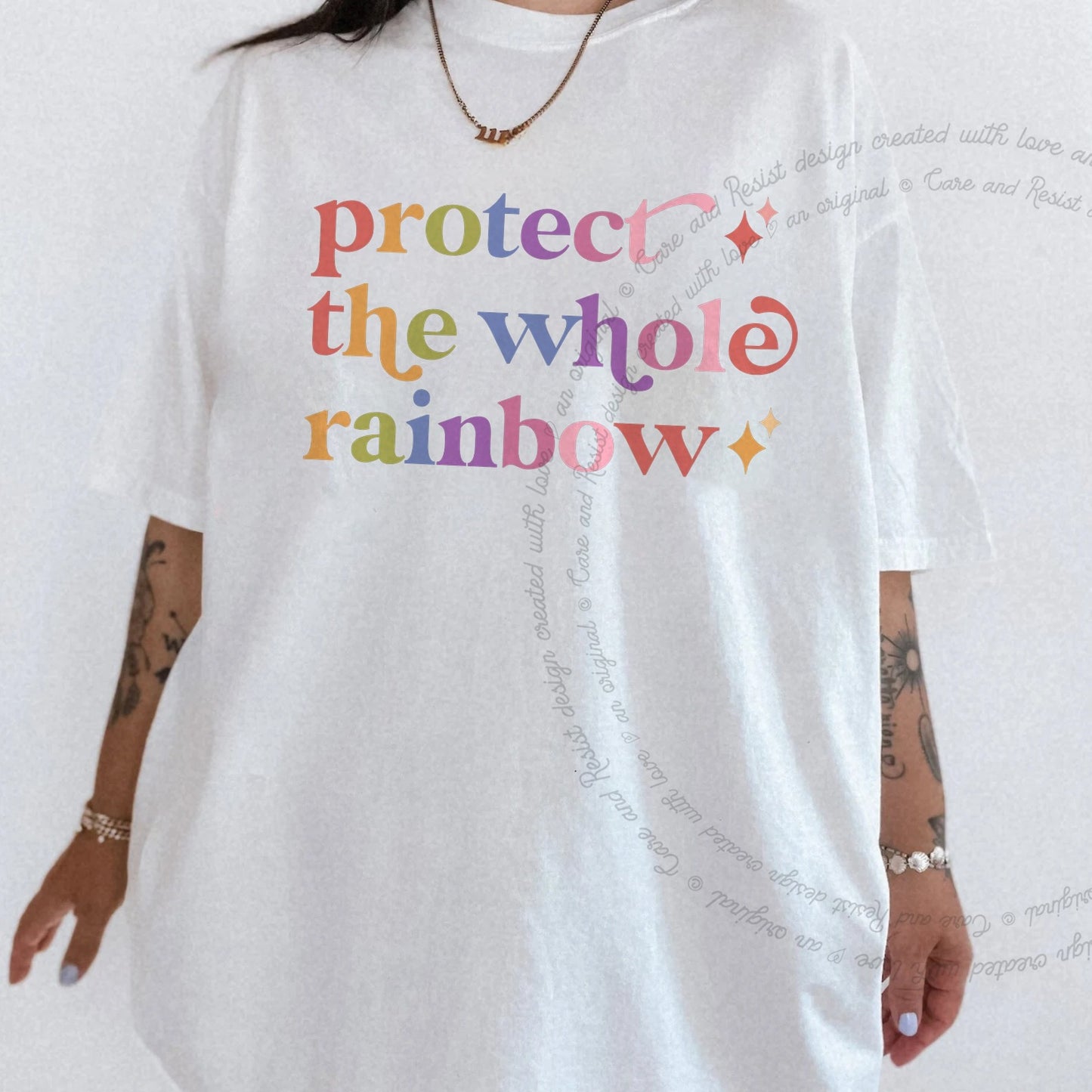 Protect the Whole Rainbow Care & Resist rainbow Comfort Colors tee, White