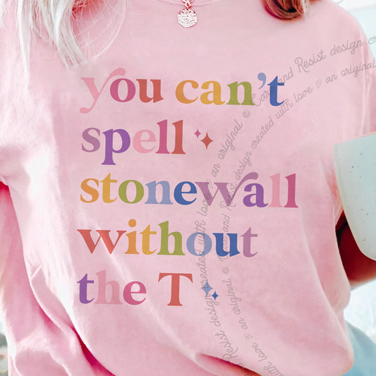 You Can't Spell Stonewall Without the T Care & Resist progressive t-shirt in Blossom