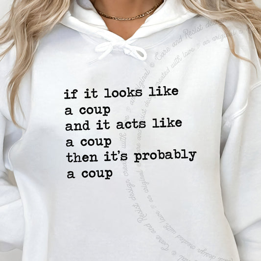 If It Looks Like a Coup and It Acts Like a Coup Then It's Probably a Coup Care & Resist Gildan hoodie in White