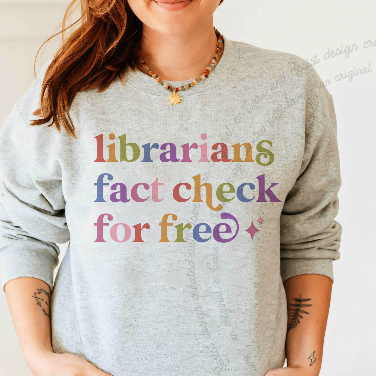 Librarians Fact Check for Free Care & Resist Gildan crewneck sweatshirt in Sport Grey