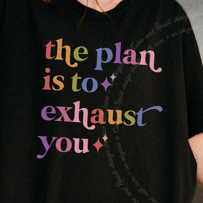 The Plan is to Exhaust You Care & Resist progressive t-shirt in Black