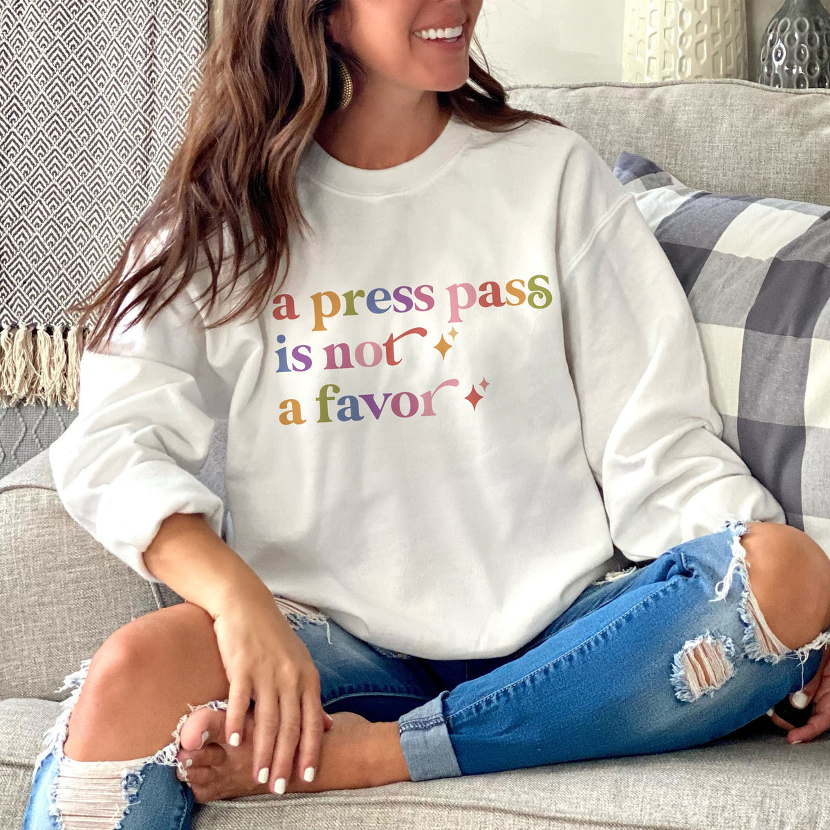 A Press Pass is not a Favor Care & Resist Gildan crewneck sweatshirt in White