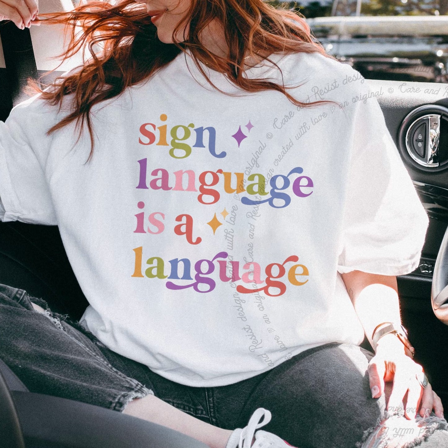 Sign Language is a Language Care & Resist rainbow Comfort Colors tee, White