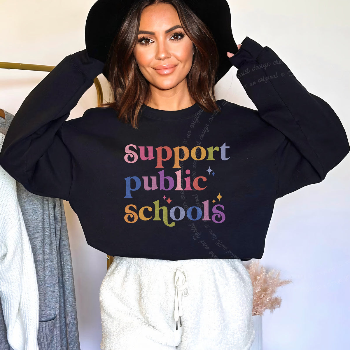 Support Public Schools Care & Resist Gildan crewneck sweatshirt in Black