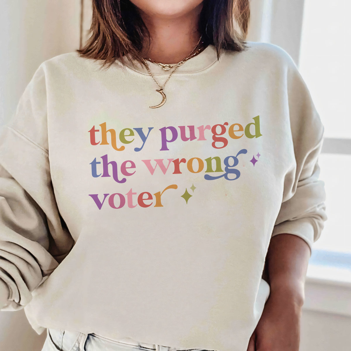 They Purged the Wrong Voter Care & Resist Gildan crewneck sweatshirt in Sand